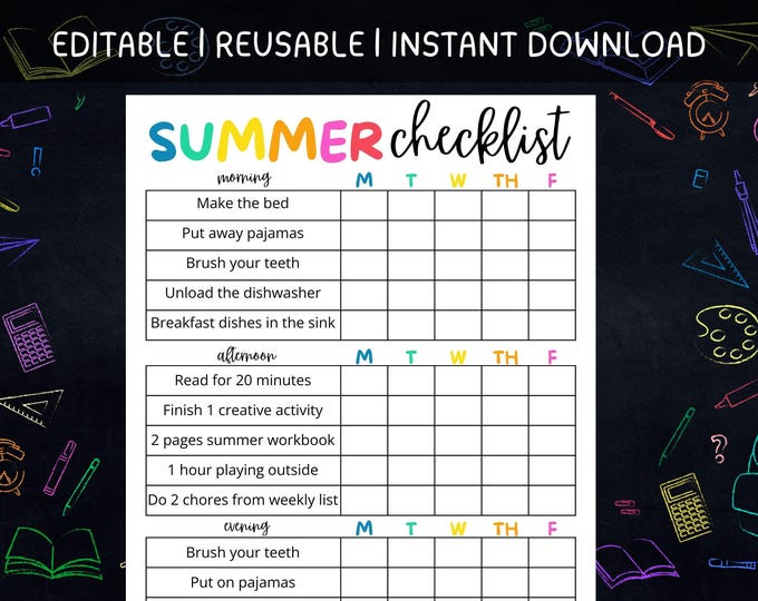 Printable Editable SUMMER Daily Checklist for Kids | Chore Chart for ...
