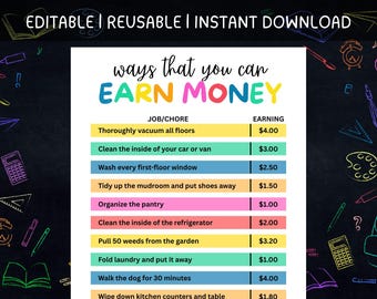 Printable Editable Kids Chore and Responsibility Chart | Ways to Earn Money | Instant Download | Kids Routine Chart | Summer Routine Canva