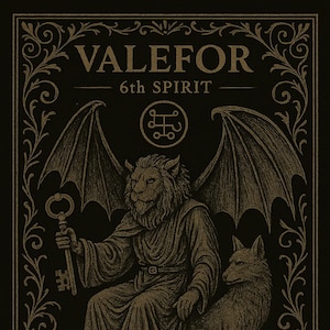 May include: A black and gold illustration with the name "VALEFOR" and the text "6th SPIRIT." It shows a lion-headed figure with bat wings, holding a key, seated beside a wolf-like creature. The image is framed with decorative flourishes.