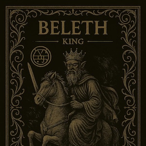 May include: An antique-style illustration with the text "BELETH KING". It depicts a king on horseback, holding a sword. The image has ornate borders and text describing Beleth, a mighty king.