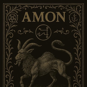 May include: An antique-style illustration with the name "AMON" in gold lettering, above a detailed depiction of a goat-like creature. The image includes ornate borders and text describing Amon's attributes, suitable for occult or esoteric themes.