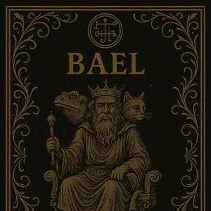 Könnte beinhalten: Eine Illustration im Vintage-Stil mit dem Namen "BAEL" über einer sitzenden Figur mit drei Köpfen: einem Mann, einer Kröte und einer Katze. Die Figur ist gekrönt und hält ein Zepter. Der Text beschreibt Bael als König.