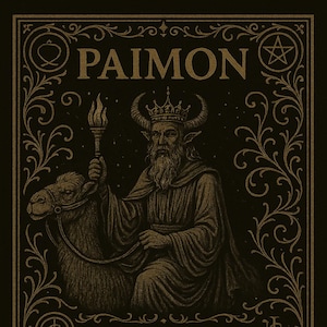 May include: A vintage-style illustration with the name "PAIMON" at the top. The image shows a crowned, horned figure holding a torch, riding a dromedary. Text below describes Paimon as a Great King.