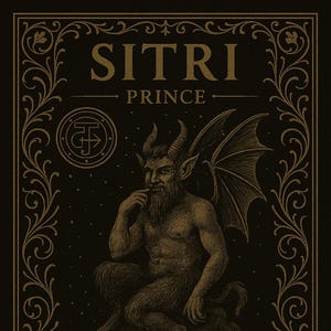 May include: A vintage illustration with the text "SITRI PRINCE" in gold. It shows a horned, winged figure with a beard, seated on a rock. The image is framed with gold scrollwork and includes text describing Sitri, a great prince.