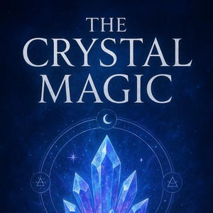 Puede incluir: Imagen de arte digital con el texto "THE CRYSTAL MAGIC" en blanco, sobre una gran formación de cristal azul estilizada. El cristal está rodeado por un diseño circular con detalles de luna creciente y estrellas, sobre un fondo azul oscuro y estrellado.