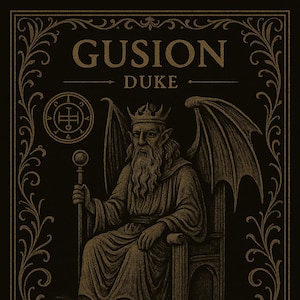 May include: A vintage-style illustration on a black background, featuring the name "GUSION DUKE" at the top. The image depicts a crowned figure with wings, holding a staff, seated on a throne. Decorative floral borders frame the image, with text at the bottom.