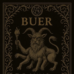 May include: A gothic-style illustration with the name "BUER" in gold. It shows a horned, four-legged creature holding a torch, framed by decorative scrollwork. Text describes Buer as a spirit and his attributes.