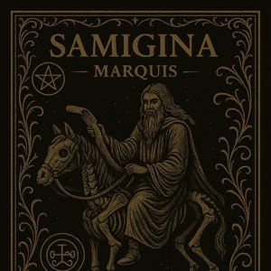 May include: A gothic-style illustration on a black background, featuring the text "SAMIGINA - MARQUIS" in gold. The image depicts a robed figure riding a skeletal horse. Decorative borders and symbols complete the design.