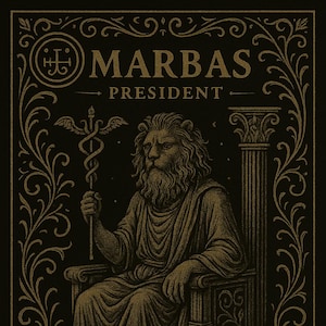 May include: An illustration of Marbas, a lion-headed figure, seated on a throne, holding a staff with a serpent entwined. The image features gold filigree on a black background, with the text "MARBAS PRESIDENT".