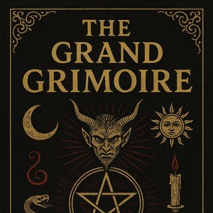 May include: An illustration of "THE GRAND GRIMOIRE" in black and gold, featuring occult symbols. The image includes a horned demon, a pentagram, a crescent moon, a sun, a snake, a candle, and an open book.