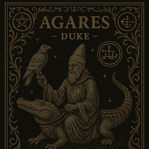 May include: An illustration of Agares, Duke, from the Ars Goetia. The image shows an old man riding a crocodile and holding a hawk. The text describes Agares as a spirit who teaches languages and causes earthquakes. The artwork is framed with ornate scrollwork.