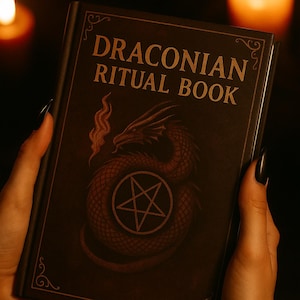 May include: A dark brown book titled "DRACONIAN RITUAL BOOK" with gold lettering. The cover features a red dragon and a pentagram. The book is held in hands against a dark background, with two lit candles in the background.