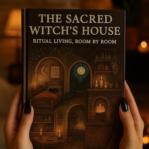 May include: A book titled "The Sacred Witch's House" with the subtitle "Ritual Living, Room by Room." The cover features an illustration of a cozy, candlelit interior with a bed, fireplace, and arched doorways. The book is held by a person.