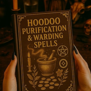 May include: A brown book titled "Hoodoo Purification & Warding Spells" with gold lettering and illustrations of a candle, mortar and pestle, and pentagram. The book is held in front of a dark background with a lit candle.