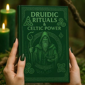 Può includere: Un libro verde intitolato "Druidic Rituals & Celtic Power" è tenuto davanti a uno sfondo verde sfocato. La copertina del libro presenta un'illustrazione di una figura in abito con un bastone. Candele accese sono visibili sullo sfondo.
