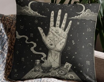 Palmistry Hand Pillow Woodcut Art Cushion Astrology Decor Occult Gift Esoteric Divination Sacred Geometry Decorative Throw Pillow