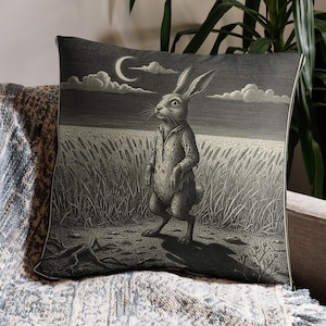 Può includere: Cuscino decorativo con un'illustrazione in bianco e nero di un coniglio in un campo sotto un cielo notturno con una luna a mezzaluna. Il coniglio indossa una camicia abbottonata ed è in piedi. Il cuscino è su una coperta fantasia.