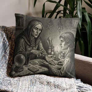 May include: A decorative throw pillow featuring a black and white illustration of a fortune teller reading a person's palm. The scene includes a crystal ball, tarot cards, and a lit candle, creating a mystical ambiance. The pillow is placed on a patterned blanket.