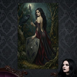 May include: A gothic scene with a woman in a black dress on a purple velvet chaise longue, holding a teacup. A tapestry of a warrior woman with a spear and shield is on the wall. The room has dark wallpaper and a gold candelabra.