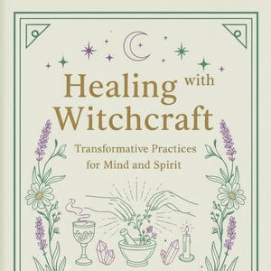 Può includere: Copertina del libro con il titolo "Healing with Witchcraft" in lettere dorate. L'illustrazione presenta mani, erbe, cristalli e una candela, circondati da un bordo floreale. Lo sfondo è beige chiaro.