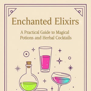May include: Illustration of a book cover titled "Enchanted Elixirs" with a subtitle "A Practical Guide to Magical Potions and Herbal Cocktails." The image features various colorful potion bottles and glasses.