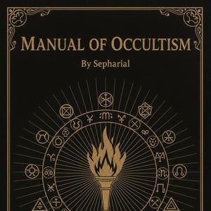 Puede incluir: Una portada de libro negra con letras y detalles dorados. El título "MANUAL OF OCCULTISM" está en la parte superior, con "By Sepharial" debajo. Una antorcha dorada con llamas está en el centro, rodeada de símbolos. El año "1914" está en la parte inferior.