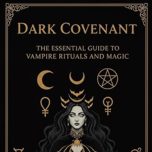 May include: A book cover with the title "DARK COVENANT" in gold lettering. The subtitle reads "THE ESSENTIAL GUIDE TO VAMPIRE RITUALS AND MAGIC." The image features a woman in a black cloak with gold accents, surrounded by occult symbols on a black background.