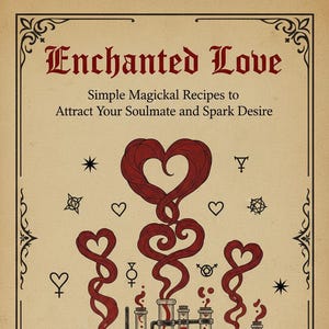 Op de afbeelding: Illustratie van een boekcover getiteld "Enchanted Love" met een vintage uitstraling. De cover toont gestileerde harten en laboratoriumglaswerk met rode vloeistof, wat een thema van liefdesdrankjes en magie suggereert.
