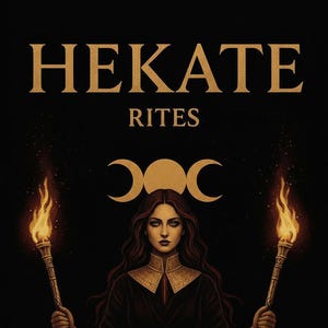 May include: Illustration of Hecate, a figure from mythology, holding torches. The image features the text "HEKATE RITES" in gold lettering. The figure is adorned with a key belt and a crescent moon symbol.