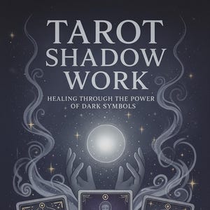 May include: A book cover with the title "TAROT SHADOW WORK" and the subtitle "HEALING THROUGH THE POWER OF DARK SYMBOLS." The image features three tarot cards, "THE MOON," "DEATH," and "THE DEVIL," with illustrations and text. The background is dark with a glowing moon and hands.