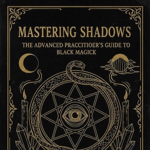 Op de afbeelding: Een zwarte boekomslag met gouden illustraties en tekst. De titel "MASTERING SHADOWS" staat bovenaan, met daaronder "THE ADVANCED PRACTITIOER'S GUIDE TO BLACK MAGICK". De omslag toont een slang, oog, kaarsen, kristallen, dolken en een kelk.