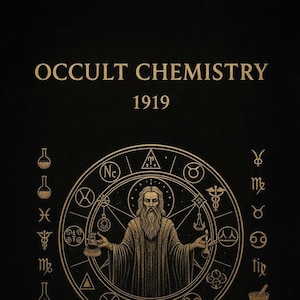 Può includere: Sfondo nero con testo e illustrazioni dorate. Il testo recita "OCCULT CHEMISTRY 1919". Un disegno circolare centrale presenta una figura barbuta circondata da simboli alchemici e segni zodiacali. L'immagine ha un tema vintage ed esoterico.