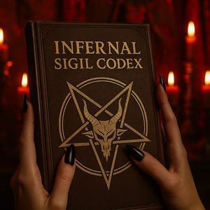Puede incluir: Un libro marrón titulado "Infernal Sigil Codex" con letras doradas y un diseño de pentagrama. El libro está sostenido por manos con esmalte de uñas negro, con velas encendidas en el fondo.