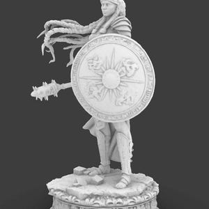 May include: A monochrome figurine of a warrior woman, holding a shield and a mace. She wears armour and a horned helmet, with long, flowing hair. The shield features a sunburst design. The figurine stands on a decorative base with floral patterns.