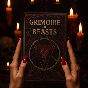 Könnte beinhalten: Ein dunkles, antikes Buch mit dem Titel "Grimoire of Beasts" und einem rot-goldenen Einband. Das Cover zeigt ein Pentagramm mit einem dämonischen Gesicht. Kerzen umgeben das Buch und erzeugen eine mystische Atmosphäre.