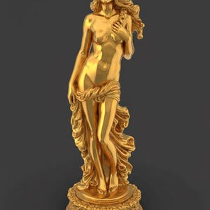 May include: A golden statue of a woman with long flowing hair and draped fabric. The figure stands on a detailed, ornate base. The statue has a smooth, reflective surface and is set against a dark background.