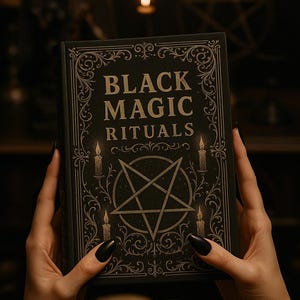 Puede incluir: Un libro negro titulado "BLACK MAGIC RITUALS" con un pentagrama e ilustraciones de velas. El libro está sostenido por manos con esmalte de uñas negro. La portada tiene bordes ornamentados y decorativos y está sobre un fondo oscuro.