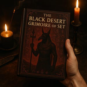 May include: A hardcover book titled "The Black Desert Grimoire of Set" with a dark red cover. The cover features an illustration of a figure with a bird-like head holding a staff. The book is held in a person's hand, with candles and incense in the background.