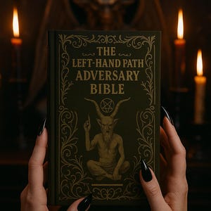 以下が含まれることがあります： 「The Left-Hand Path Adversary Bible」というタイトルの、金色の文字とイラストが施された濃い緑色の本。 黒いマニキュアを塗った手で本が持たれており、背景にはろうそくが灯っています。