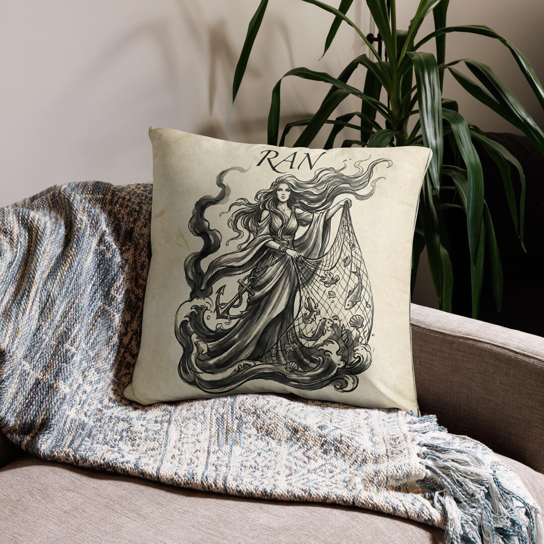 Goddess Ran Designs Ran Goddess of Sea Pillow Ink Wash Art Cushion Norse Mythology Decor ...