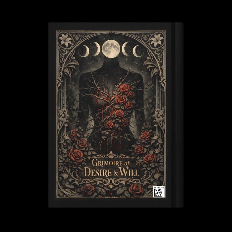 May include: A book cover with a dark, gothic design. The cover features a headless figure with a thorny vine and red roses. The title "Grimoire of Desire & Will" is displayed in ornate lettering, with a moon phase design at the top.