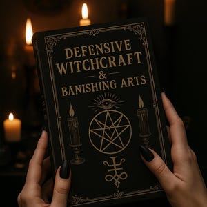 May include: A black book titled "Defensive Witchcraft & Banishing Arts" with gold lettering and symbols. The book is held by hands with black nail polish, with lit candles in the background. The book's cover features a pentagram and other occult symbols.