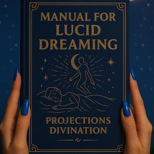 以下が含まれることがあります： 「Manual for Lucid Dreaming」と金色の文字とイラストが描かれた濃い青色の本。青い爪の手で、三日月のある星空を背景に本が持たれています。表紙には、眠っている人物の上に浮かぶ人物が描かれています。