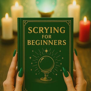 May include: A green book titled "Scrying for Beginners" with gold lettering and a crystal ball illustration. The book is held in front of a blurred background with candles and a glowing orb. The person holding the book has green nail polish.