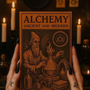 Puede incluir: Un libro naranja y negro titulado "ALCHEMY ANCIENT AND MODERN" es sostenido. La portada presenta un alquimista barbudo, un frasco y símbolos alquímicos. Velas encendidas rodean el libro, creando una atmósfera mística.