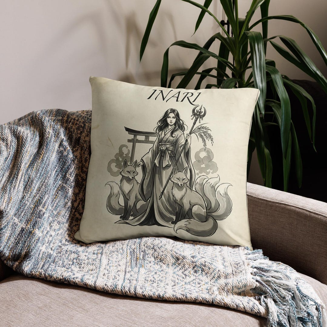 Inari Okami Fox Goddess Pillow Ink Wash Art Cushion Japanese Mythology ...