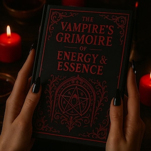 May include: A black book titled "The Vampire's Grimoire of Energy & Essence" with red lettering and a pentagram design. The book is held in front of a dark background with lit red candles.