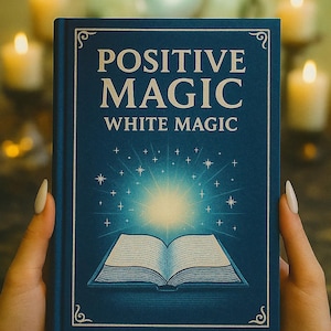 May include: A blue book titled "POSITIVE MAGIC WHITE MAGIC" with an open book illustration and a bright light emanating from it. The book is held by hands with long, manicured nails. The background includes lit candles.
