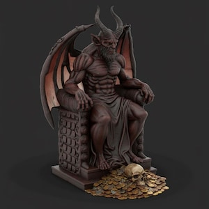 Estatua de Mammon en el trono (archivo STL) – Escultura digital imprimible en 3D del demonio de la riqueza y la avaricia (archivo STL)