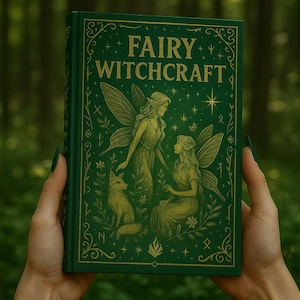 Può includere: Un libro verde intitolato "FAIRY WITCHCRAFT" è tenuto davanti a uno sfondo verde sfocato. La copertina presenta illustrazioni di fate, una volpe ed elementi floreali dorati. Il libro è tenuto da due mani.